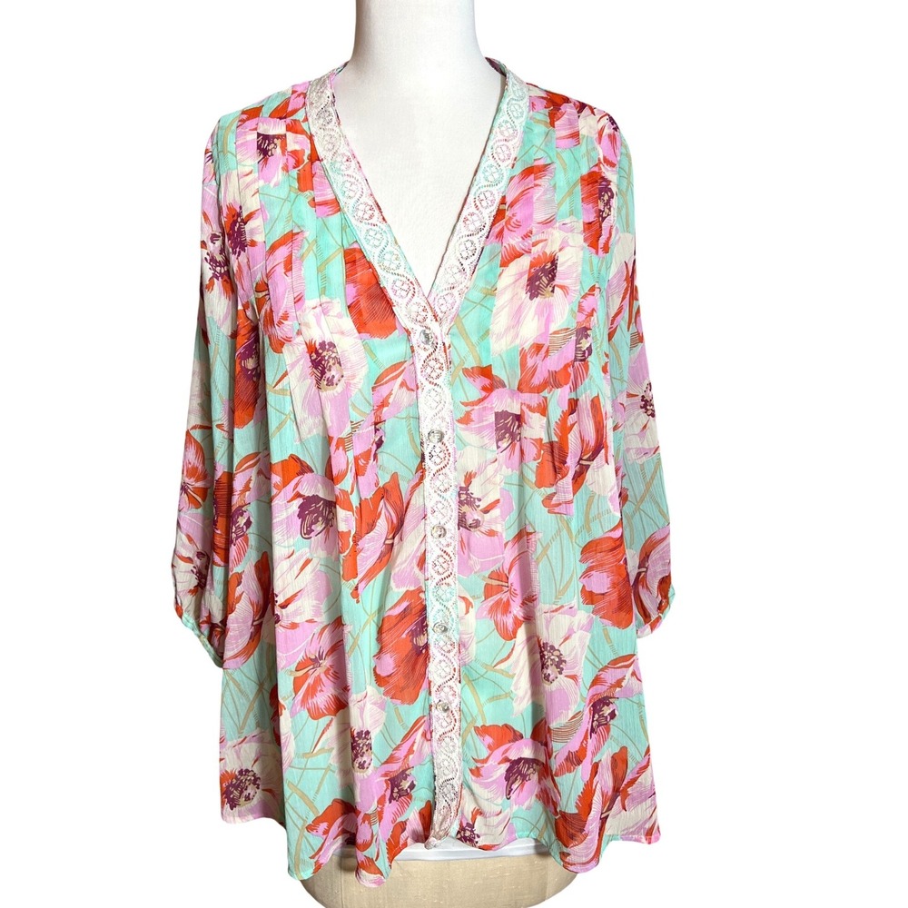 NY Collection Floral Lace Trim V-Neck Blouse Mint Pink Orange XYRB0194 Womens L